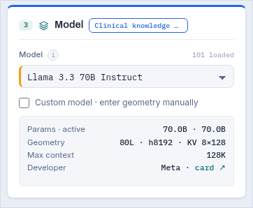 The model station: a searchable list of 101 models plus a custom geometry option